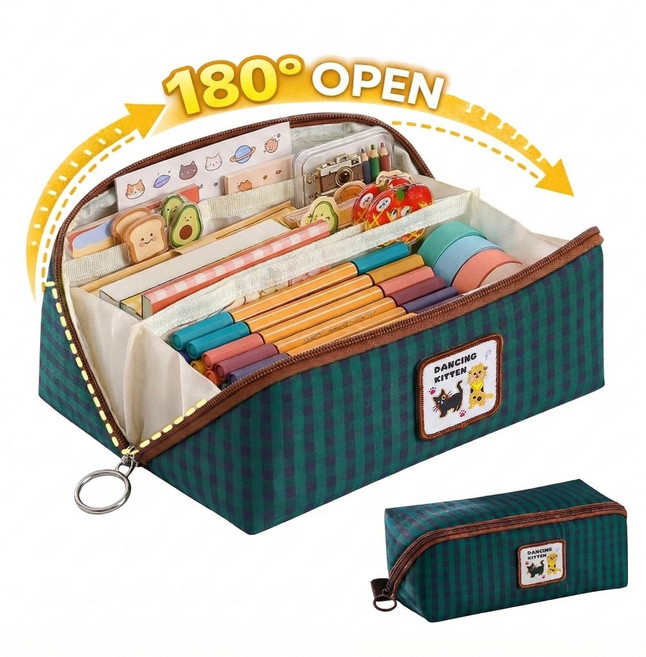 노모로 180도 오픈형 대용량 펜파우치 패브릭 필통, 1개, 그린 캣