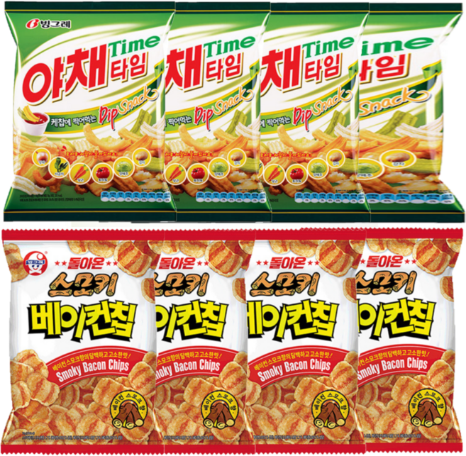 빙그레 스모키 베이컨칩 70g 4개 + 야채타임 70g 4개, 1개