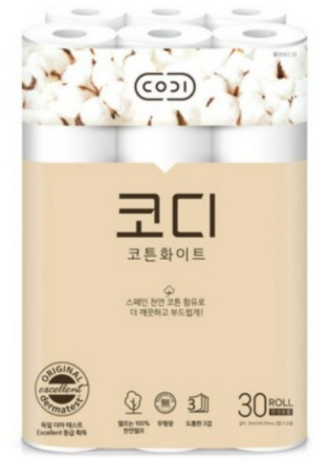 코디 코튼화이트 3겹 롤화장지 30m, 30개입, 15개