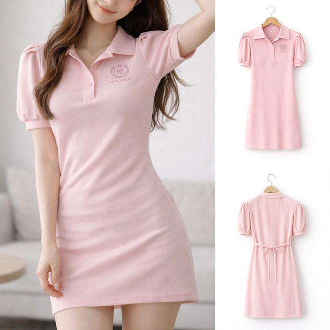 VERIT 퍼프 반팔 원피스 카라넥 세미 슬림핏 잘록허리 숏 미니 원피스 VT446