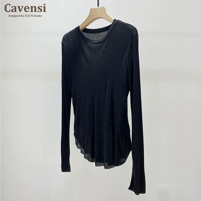 Cavensi 圓領透膚長袖上衣, 顯瘦黑色,M（建議40-50公斤 ）
