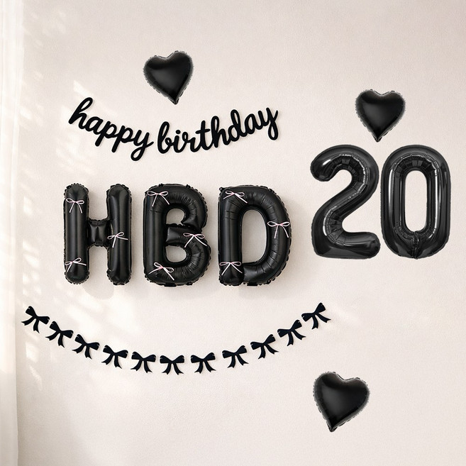 해피제이니 HBD 이니셜 생일 호일풍선 블랙 리본 생일가랜드 파티용품 세트, 1세트, 블랙풀세트 숫자20