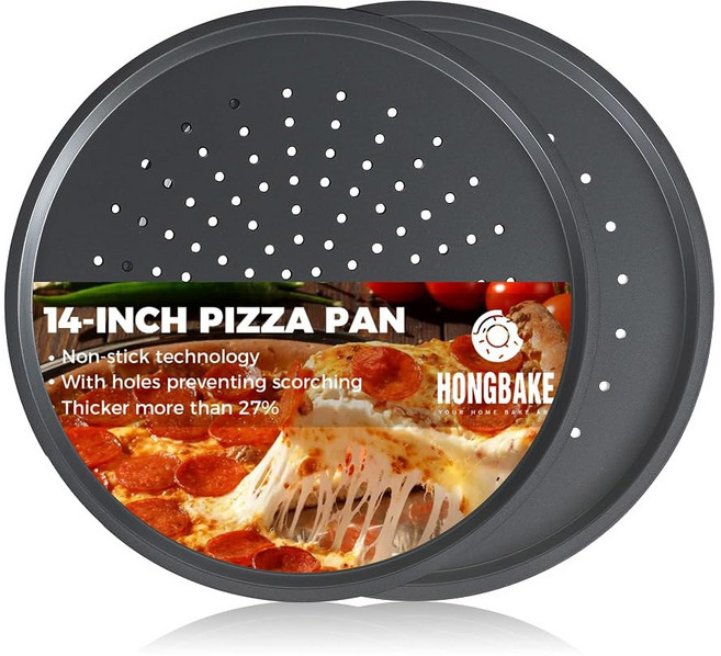 구멍이 있는 HONGBAKE 2팩 피자 팬 14인치 녹슬지 않은 논스틱 오븐 손잡이가 넓은 0.8mm 카본 스틸 천공 트레이 냉동 및 홈메이드 피자를 위한 원형 베이킹 시트, 2 14inch external size:14.8inc, Gray