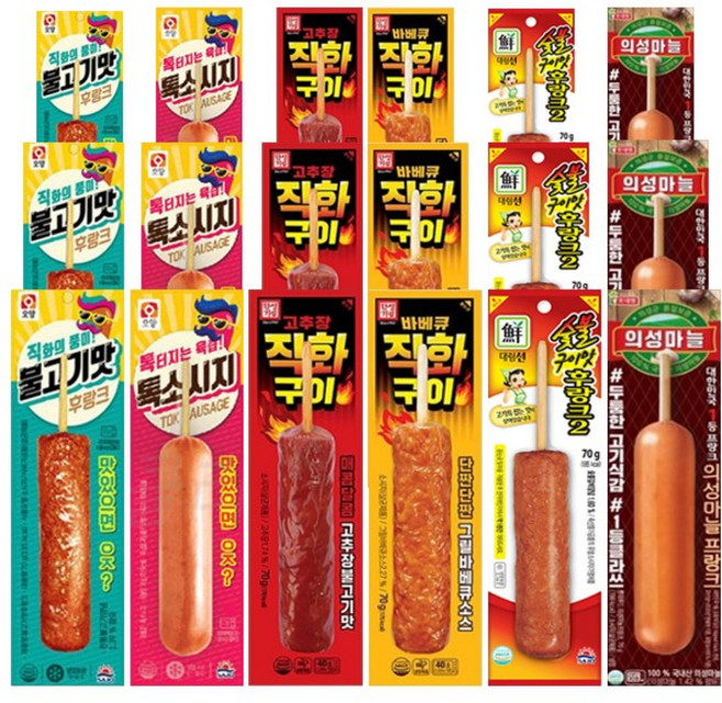 편의점 핫바 소시지 불고기맛후랑크3+톡소시지3+고추장직화구이3+바베큐직화구이3+숯불구이맛3+의성마늘프랑크3 총 18개, 70g