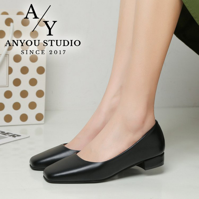ANYOU 발편한 구두 유니화 통굽 승무원 단화 일할때 면접 플랫슈즈 여성 스퀘어토 구두 작은 하이힐