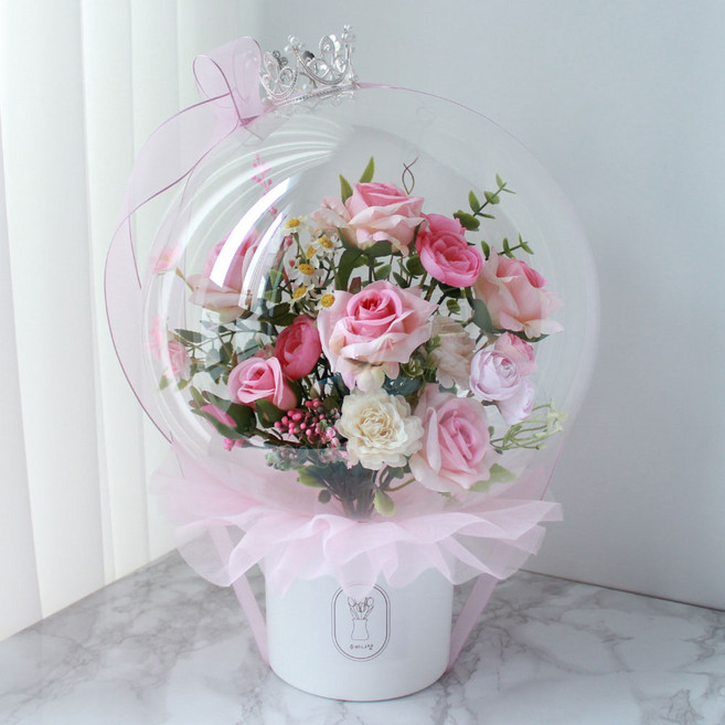 수비니샵 프리미엄장미 파스텔핑크 꽃풍선 레터링풍선 생일 풍선꽃다발 졸업 생일, 원형화분형, 쇼핑백, 1개
