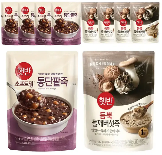 CJ 햇반 듬뿍 들깨버섯죽 420g + 소프트밀 통단팥죽 420G 각5개 (총10개), CJ 햇반 소프트밀 동지팥죽, 420g + 버섯야채죽, 1개