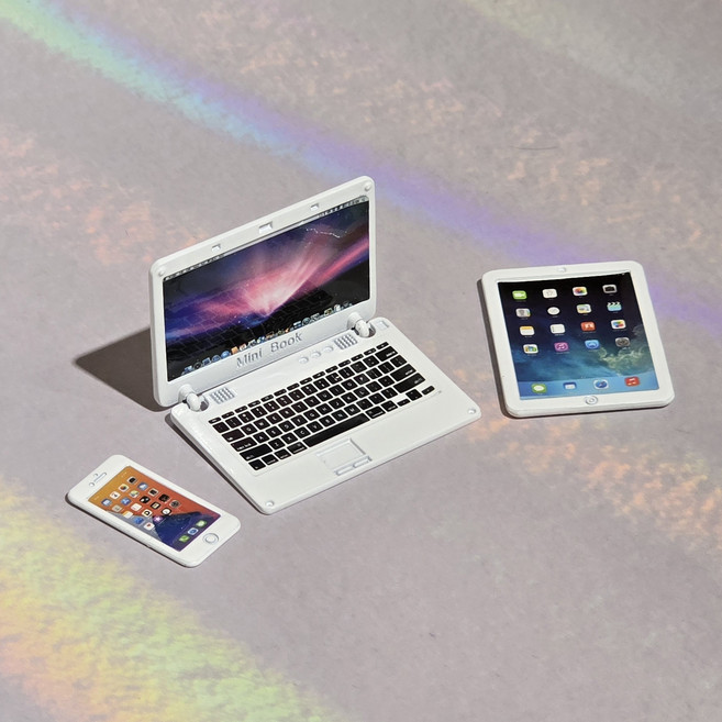 케이케이유 미니어처 노트북 3종 세트 패드 스마트폰 핸드폰 납골당꾸미기 인형 소품, 화이트 3종세트