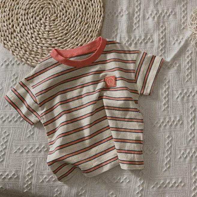 男童條紋T恤短袖 百搭麻棉寬鬆上衣 拼色兒童體恤
