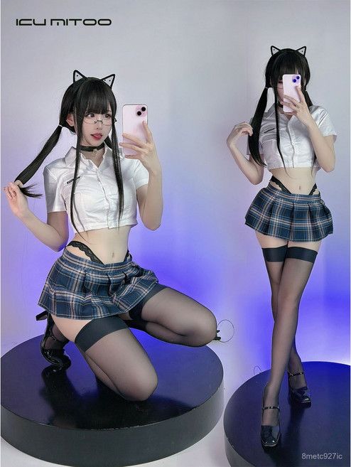 露出格子JK學院風開叉百褶裙-MONO單色主義