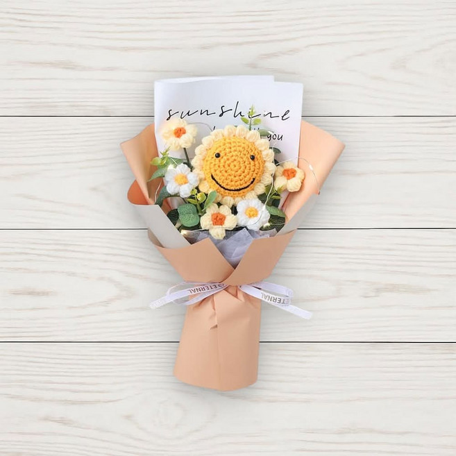 手鉤織太陽花與小雛菊捧花束，附燈飾, (30cm)針織笑臉向日葵雛菊花束(香檳色系), 1件