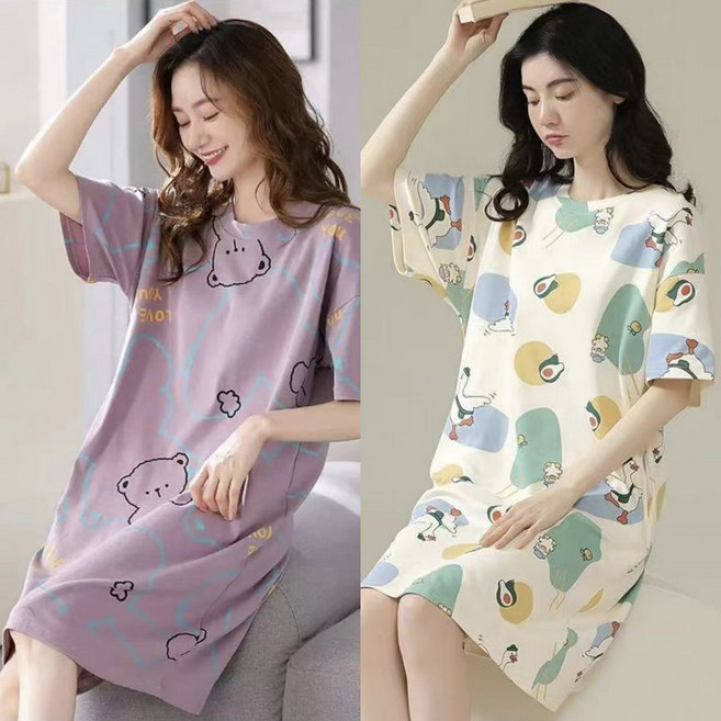 1+1 여성용 봄가을 잠옷 원피스 봄 여름 간절기 스판 반팔 캐주얼 루즈핏 데일리 홈웨어 심플 실내복 파자마 2매입