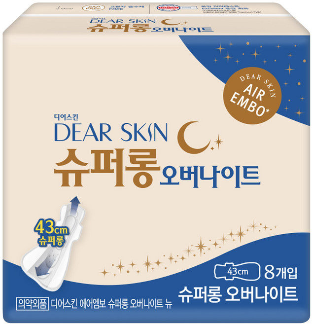 디어스킨 에어엠보 오버나이트 뉴 생리대 날개형, 6개, 8개입
