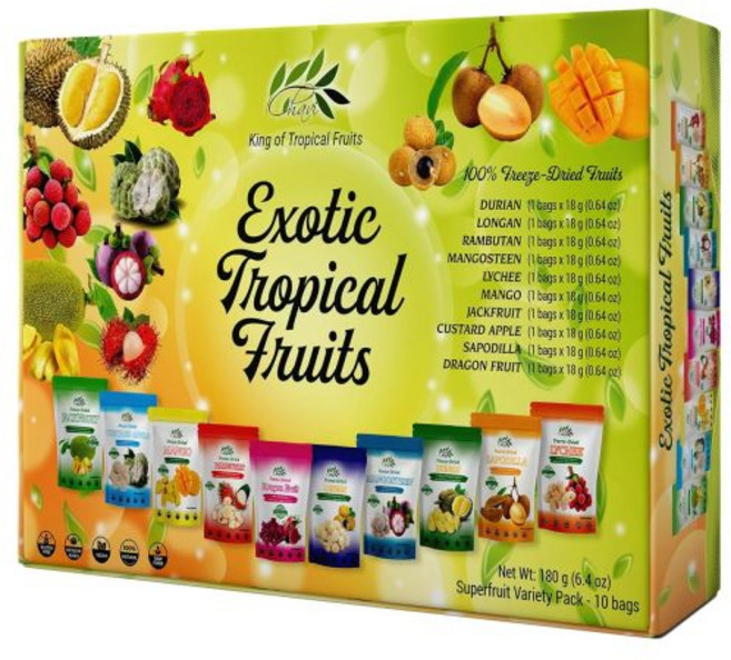 CHAVI 말린 과일 건조 건과일 차비 동결건조 망고스틴 건강한 슈퍼푸드 첨가당 없음 비변형 비건 글루텐 프리 긴 2온스 캔, 10가지 이국적인 열대 과일, 슈퍼프루트 혼합 팩 (10봉)