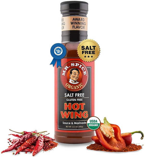 Mr. Spice 수상 경력에 빛나는 무염 맛 핫 윙 소스 저나트륨 소금 BBQ 없음 글루텐 프리 저칼로리 382.7g(13.5온스) (1팩), 383g, 1