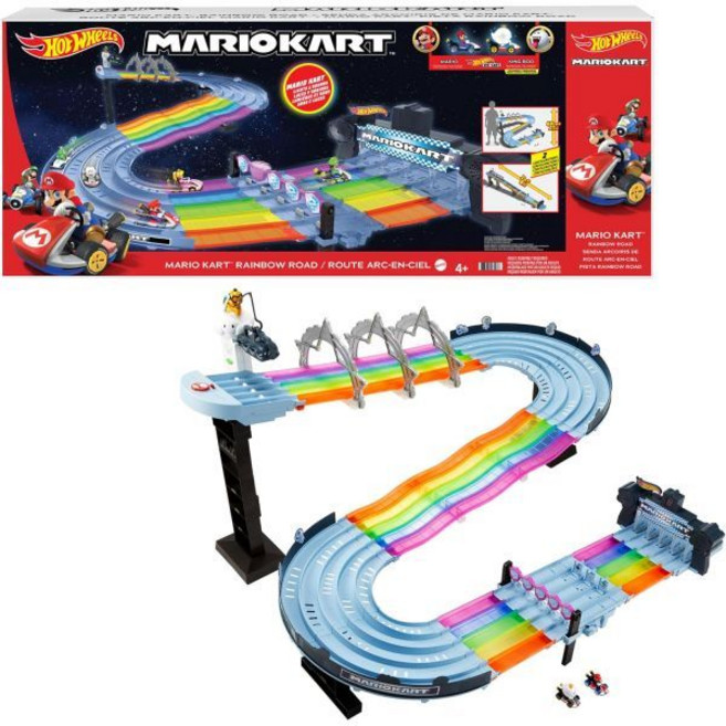 핫휠 Hot Wheels 마리오 카트 레인보우 로드 레이스웨이 8피트 트랙 세트 조명 사운드와 164 스케일 차량 2대 5트랙 컬러풀 코스와 2가지 구성으로 레이스 진행, Portable/Box