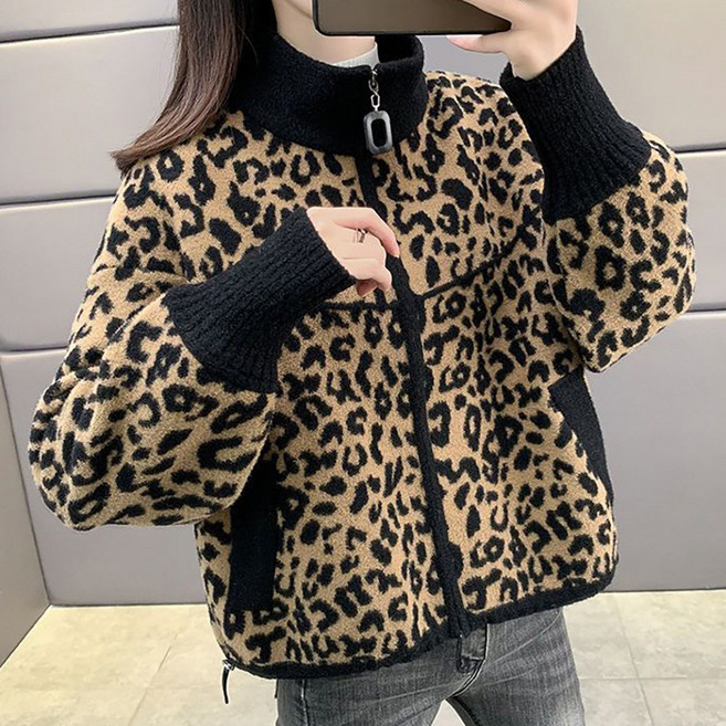 ROYALBELLE 여성 스탠드넥 레오파드 집업 니트 가디건 트렌디 따뜻한 데일리 아우터 E0102316