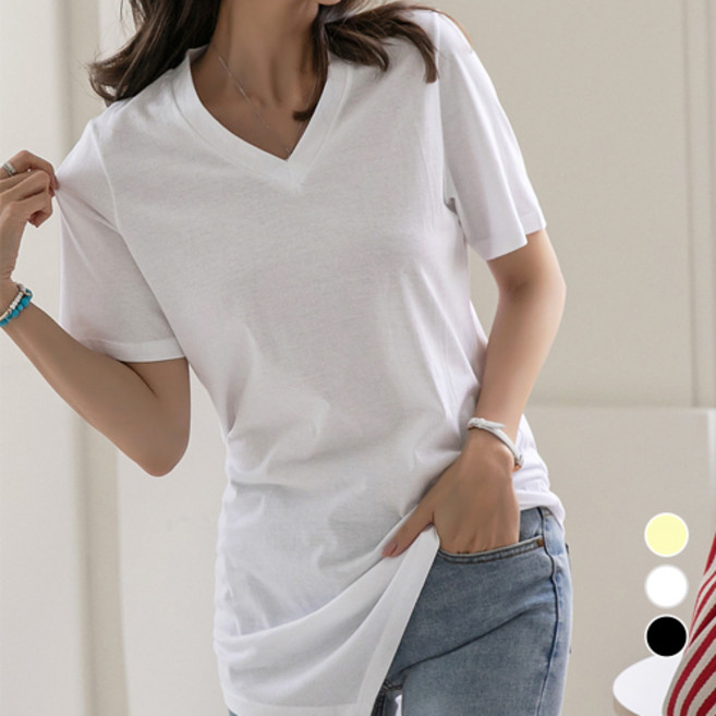 [나크21] (55~120) 언발란스 밑단 브이넥 롱티셔츠 KO12-T-28