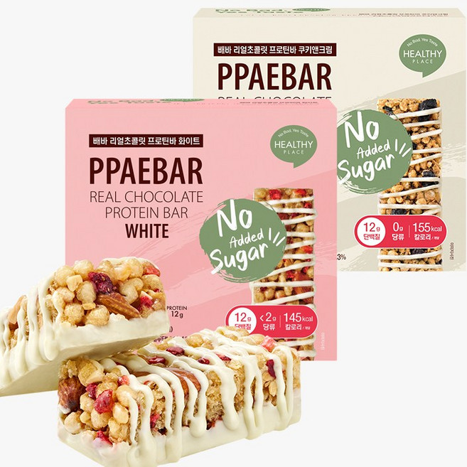 [무가당 설탕X] 빼바 리얼초콜릿 프로틴바 화이트 & 쿠키앤크림, 1세트, 720g