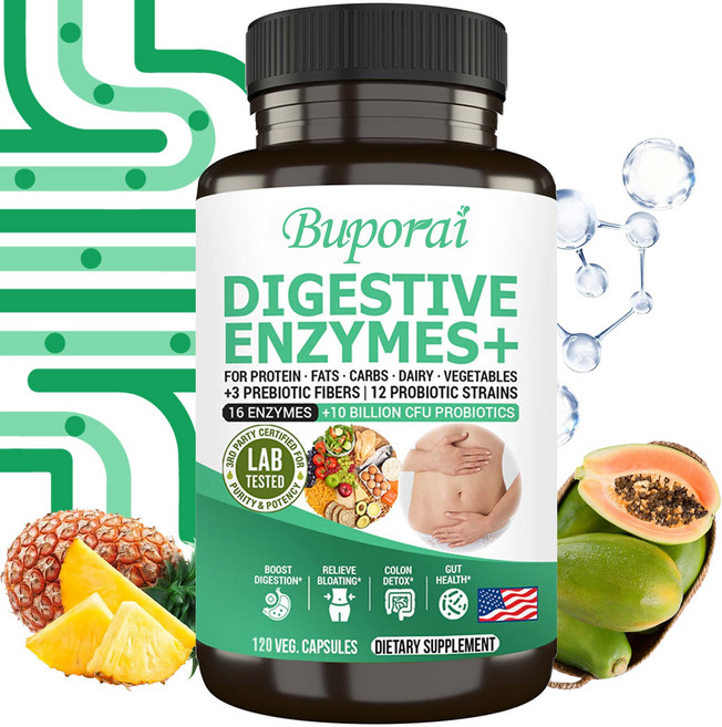 프로바이오틱스가 함유된 소화 효소 - 천연 췌장 지원 보충제 소화 개선 - 가스 변비 및 복부 팽만 감소 Natural Nutrition - 120캡슐, 1개, 60정