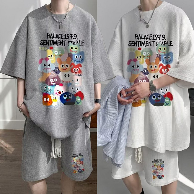 1+1 남자 오버핏 여름 반팔 라운드넥 프린트 트레이닝복 세트 반팔+반바지 데일리 빅사이즈 직장인 티 다양한 체형 데일리트레이닝세트