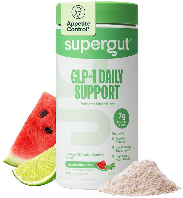 Supergut GLP1 데일리 서포트 - 라즈베리 레몬 - 여성 및 남성용 고섬유 GLP-1 보충제 파우더 - 장 건강 및 소화 지원을 위한 무설탕 음료 믹스 (18회분), 수박 라임(통), 5.7 Ounce (Pack of 1), 162g