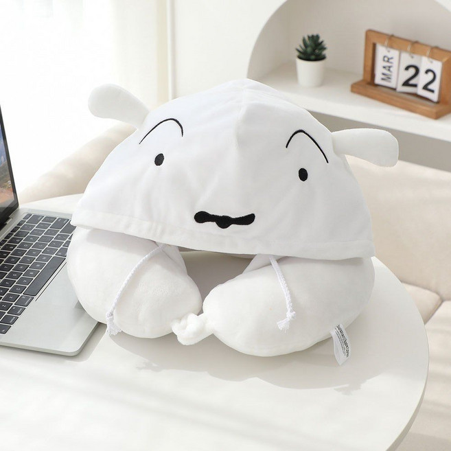 짱구 후드 여행용 목쿠션 기내용 휴대용 목베게 캐릭터 비행기 여행 차량용 쿠션 목베개, 흰둥이