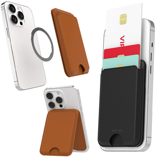 kk VIPFAN 맥스탠드 레더 카드 3장 수납 홀더 거치 맥세이프 호환 카드 가드형 디자인 카드수납 커버