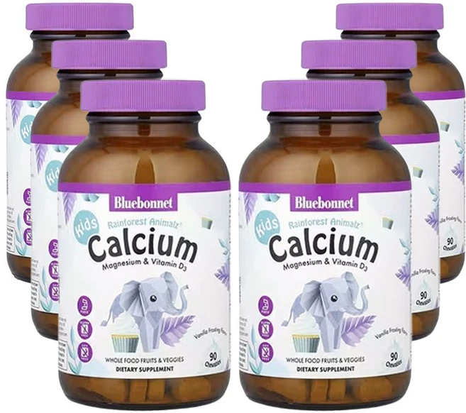 블루보넷 뉴트리션 레인포레스트 에니멀 칼슘 마그네슘 및 비타민D3 천연 바닐라 프로스팅 맛 동물 모양 츄어블 90정, 6개 - 쿠팡