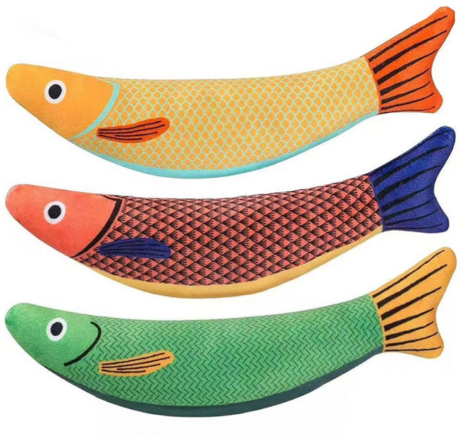 모카네코 고양이장난감 뒷발팡팡 캣닢 물고기인형 3개 세트, 노랑1P,빨강1P,연두1P, 1세트