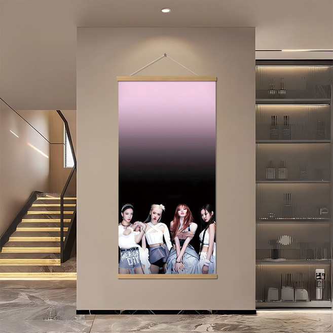 BLACKPINK 四閨女 卷軸掛畫 客廳玄關臥室裝飾畫 禮物, 1個, blackpink舞臺31*61cm 實木掛軸+送無痕釘和掛鉤