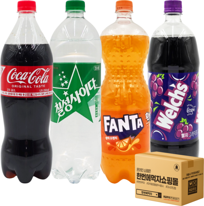 [한번에먹자] 대용량 탄산세트 4종 혼합 ( 코카콜라 업소용 + 칠성사이다 업소용 + 환타 오렌지 + 웰치스 포도 ) 사무실음료 가정용 업소 당구장 노래방 식자재, 4개, 1.2L