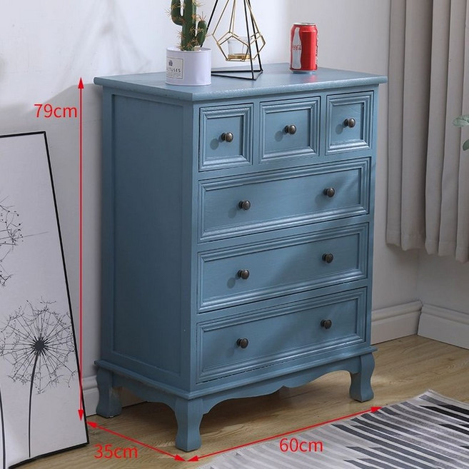 빈티지 원목 서랍장 보관함 서랍 앤틱 거실 캐비닛 안방, 전면 조립, 그레이블루 60 x 35 x 79 4단