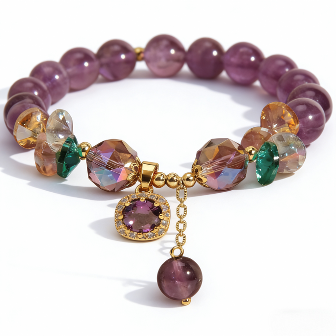 보헤미안 자수정 크리스탈 골드 플레이팅 여성 팔찌