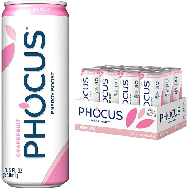PHOCUS 카페인 스파클링 워터 블러드 오렌지 75mg 천연 카페인 플러스 L-테아닌 무설탕 제로 칼로리 인공 감미료 없음 355ml(11온스) 캔 (12팩), Grapefruit, 355ml