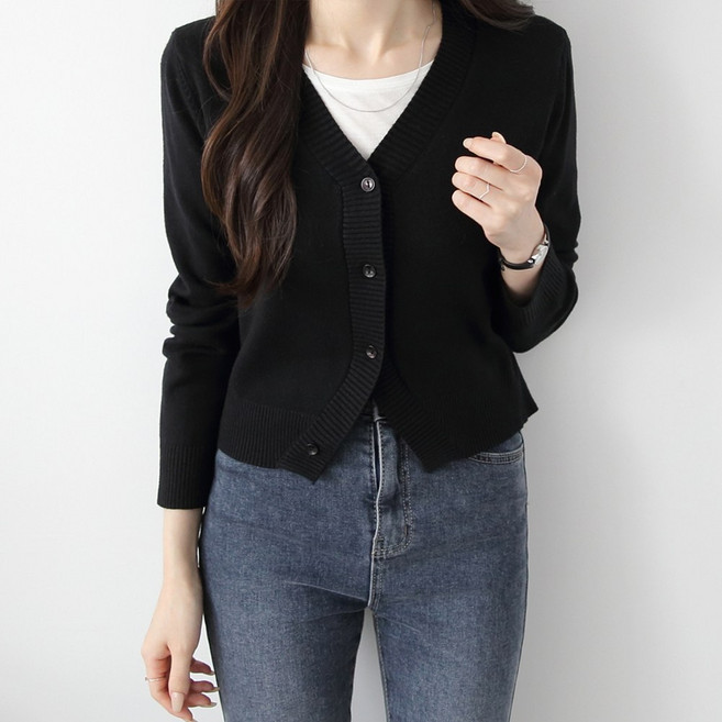 제니트 여성 기본핏 브이넥 데일리룩 베이직 밑단 디테일 긴팔 니트 가디건 잇츄밑포인트