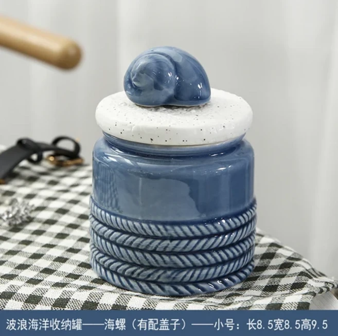 뚜껑이 달린 프랑스 고급 세라믹 보관 항아리 블루 오션 면봉 장식품 커피 꽃 차 멀티 그레인 상자, 18 A-small