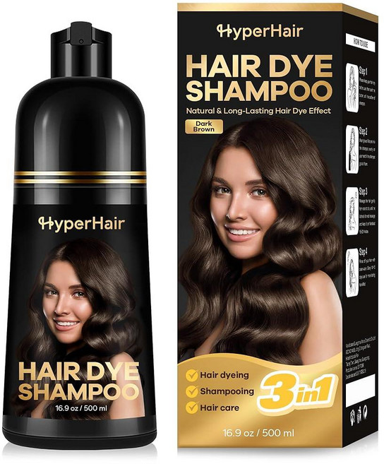 HyperHair 블랙 헤어 염색 샴푸 모발용 샴푸 3 in 1 염료 여성 및 남성용 흰머리용 오래 지속되는 커버리지, 다크 브라운