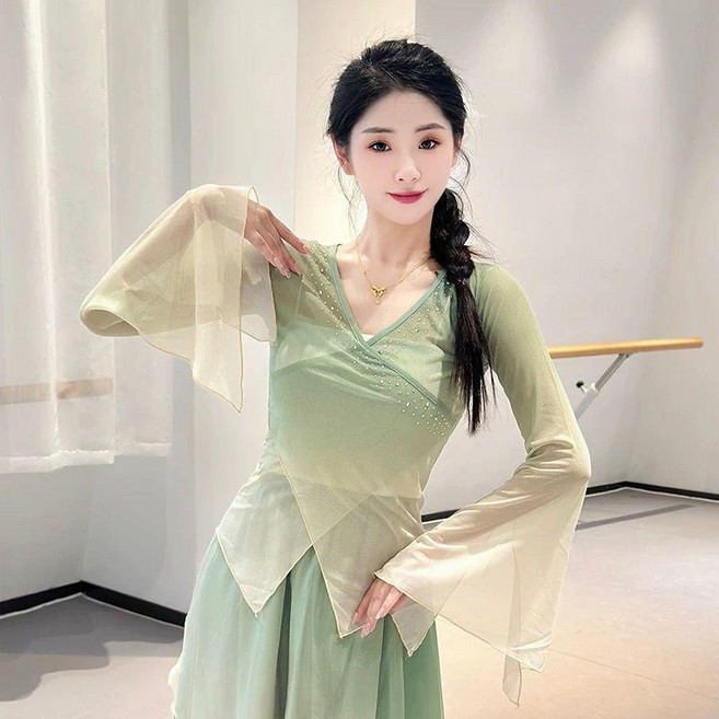 古典舞蹈服 紗衣 練功服 演出服 套裝 綠色漸變褲裙 兒童款