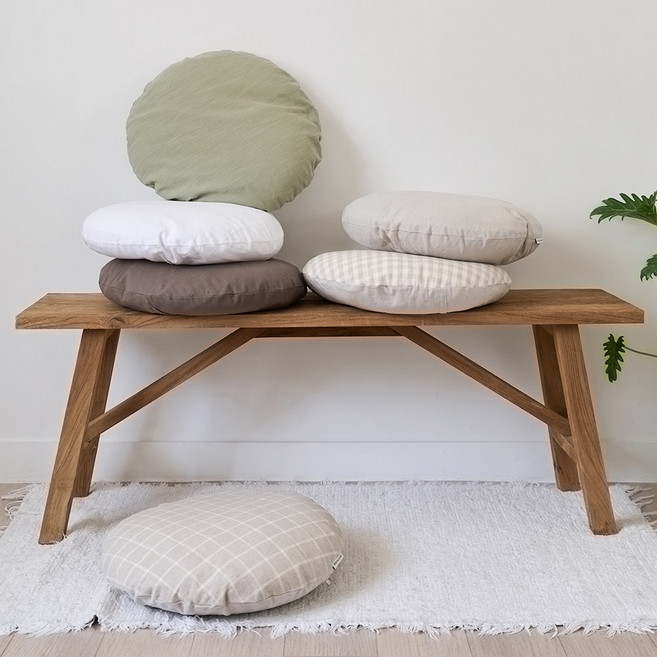 편안한 워싱린넨 원형방석(솜포함) 6color, 고방체크