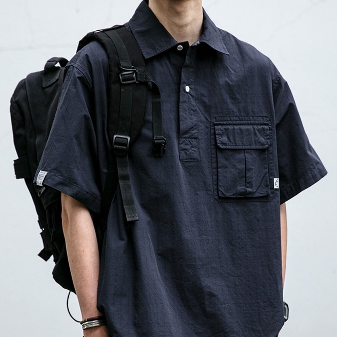 ANYOU 남성 반집업 반팔 셔츠 워크웨어 루즈핏 남성 반팔 대형 포켓 여름 티셔츠