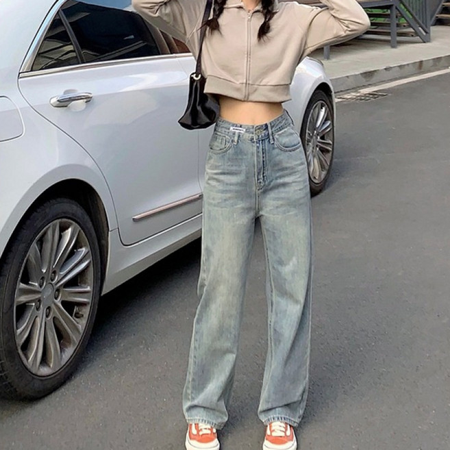 SAHINER 봄가을 여성 빈티지 하이웨이스트 와이드 워싱 데님 팬츠 LANZ64