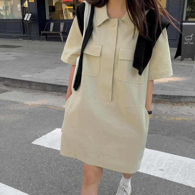 더블공주 카라디자인 캐주얼 포켓포인트 셔츠형 반팔 원피스