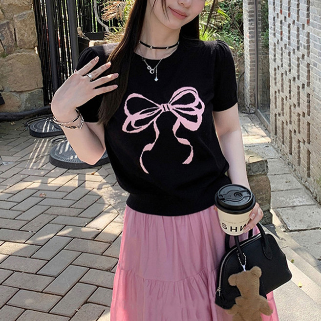 SOSISI 여성 반팔 니트 라운드넥 리본 포인트 여름 니트 티 H46132