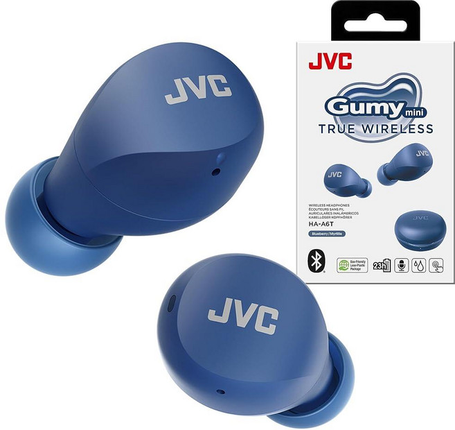 JVC 컴팩트하고 가벼운 Gumy 미니 트루 와이어리스 이어버드 헤드폰 긴 배터리 수명(최대 23시간) 네오디뮴 자석 드라이버가 있는 사운드 방수 (IPX4) - HAA6, 블루