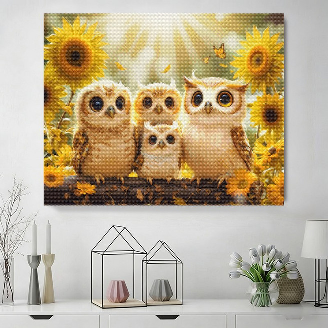 wonderful live 보석십자수 대형 DIY 키트 캔버스형 액자 풍경 인물 해바라기 꽃식물 부엉이 40 x 50 cm, 1개, 부엉이와 해바라기