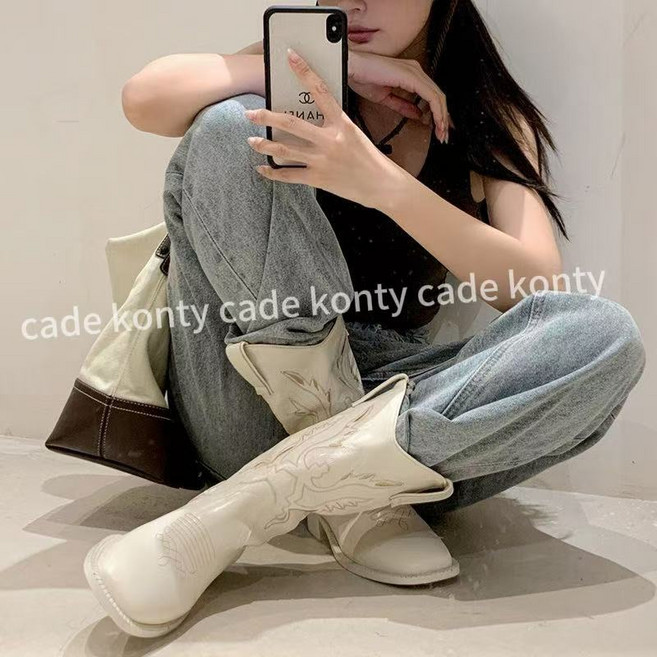 웨스턴부츠 카우보이 부츠 미들 가죽 여성 자수 화이트