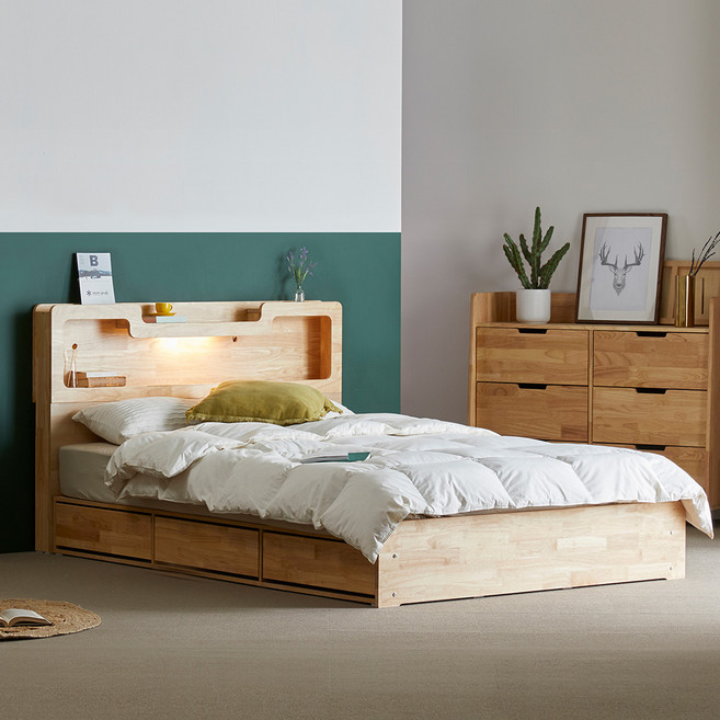 장인가구 원스 LED 고무나무 원목 신혼부부 수납형 침대 Q 본넬베이직매트, 로맨틱 화이트