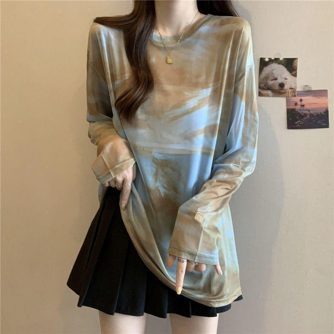 薄款冰絲長袖防曬罩衫女夏季寬鬆顯瘦紮染網紗上衣, 咖色,M 建議40.0-50.0公斤, 咖色