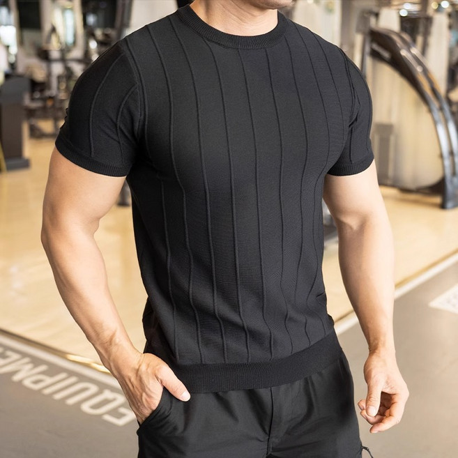 AURALA 남자 여름 슬림핏 니트 반팔티 남성 라운드 머슬핏 반팔 니트